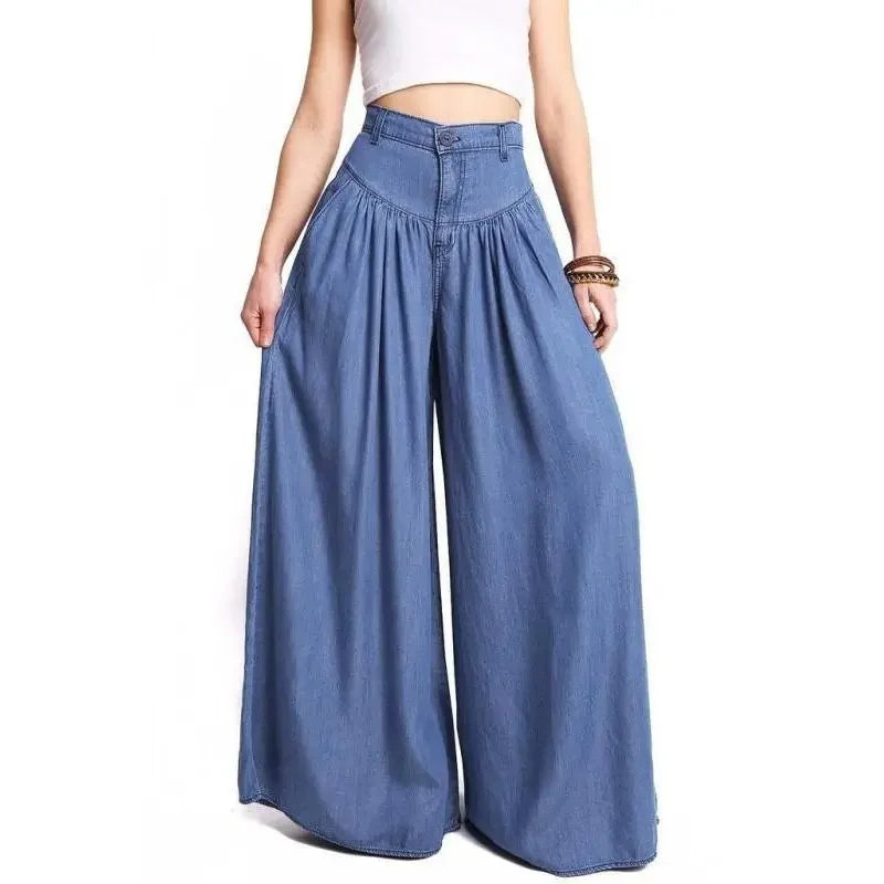 Women's Casual Cotton Linen Jeans Fashion Solid Colour Wide-leg Pants Ladies Loose Plus Size High Waist Long Trousers