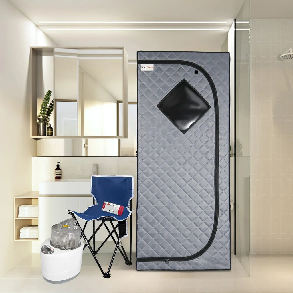 Portable Grey Home Sauna 1500W 4L Steam Pot With Folding Chair & Remote Control