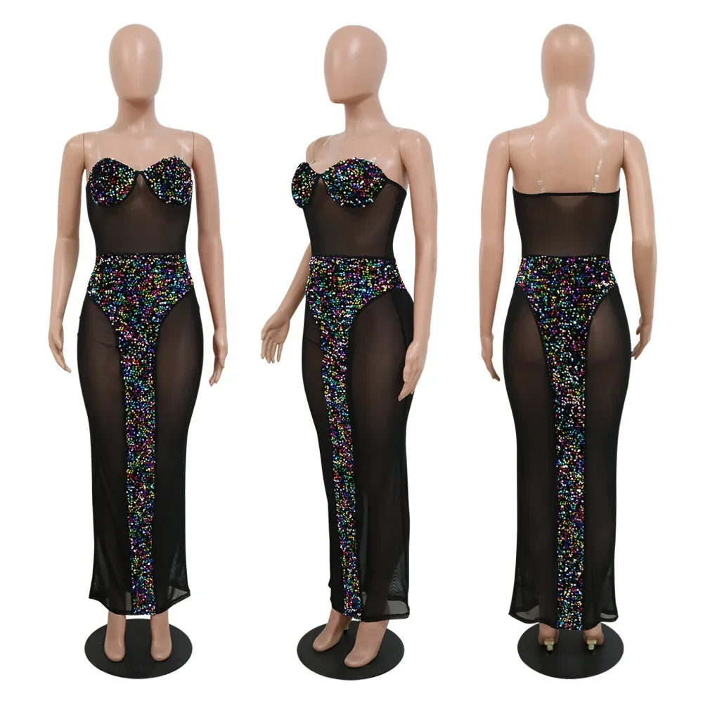 Sexy Mesh Sequin Corset Maxi Party Dress