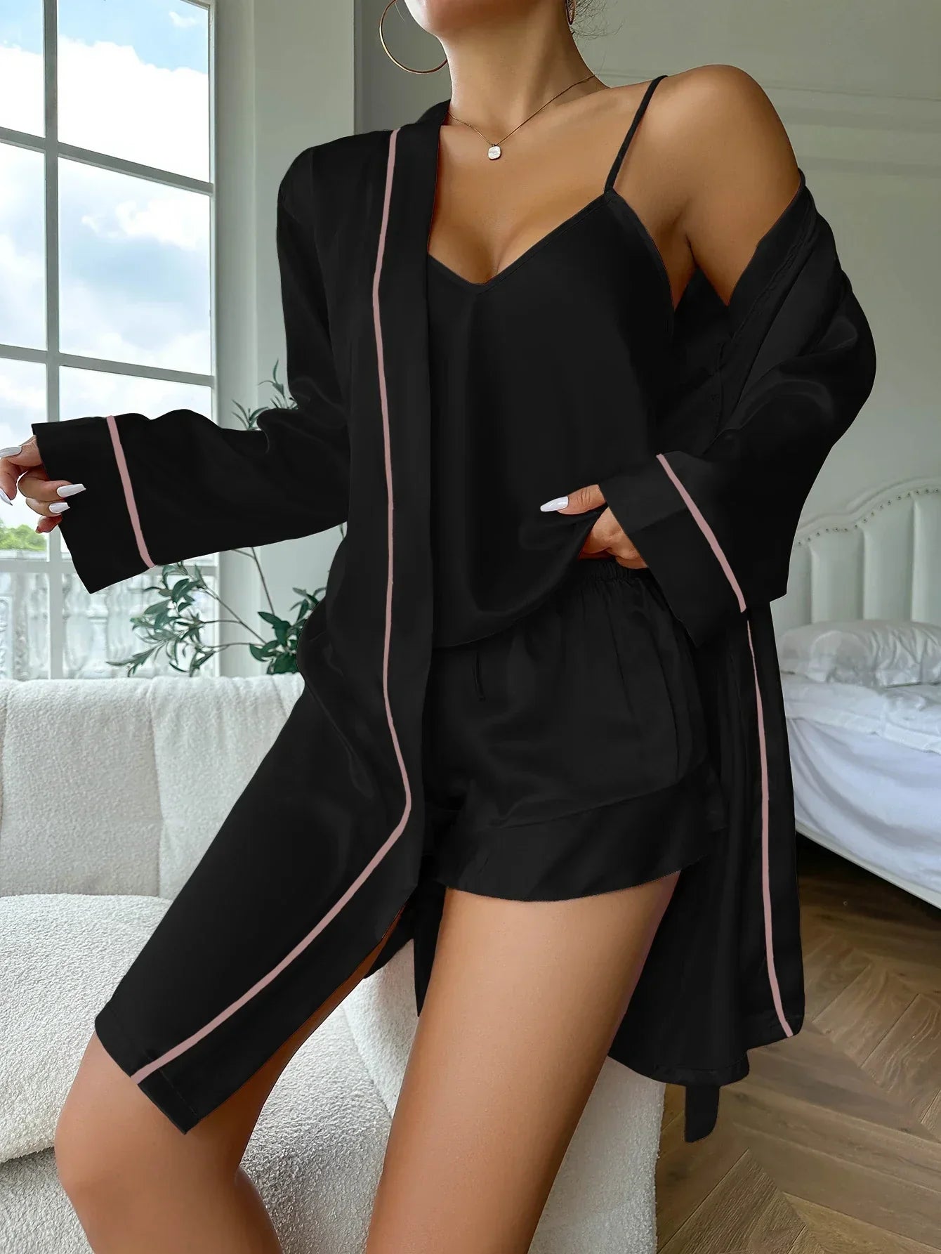 Simple Satin Pajama Set Long Sleeve Belted Robe  V Neck Cami Top And Shorts Women's Sleepwear