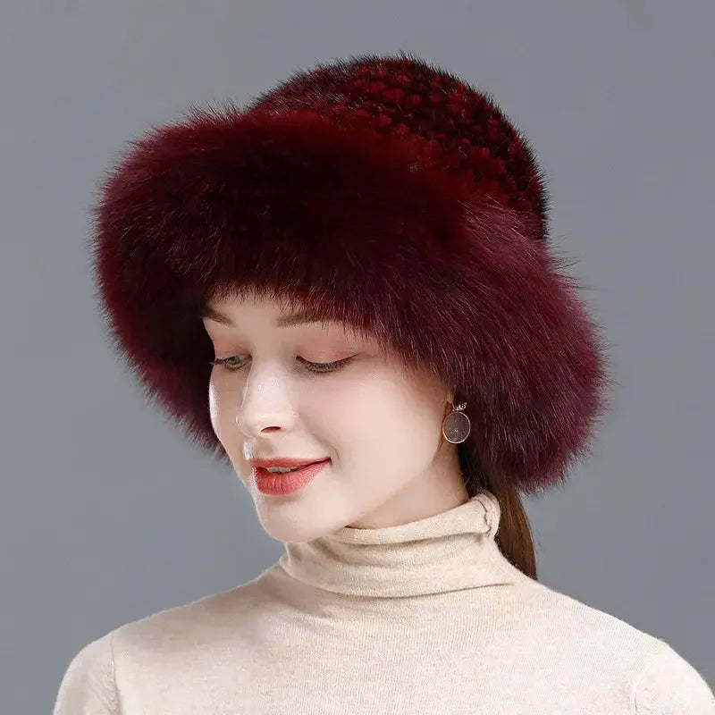 New Genuine Real Natural Knitted Mink Fur Hat Cap Luxury Women Handmade Knit Fashion Winter Headwear Warm Real Fox Fur Beanies