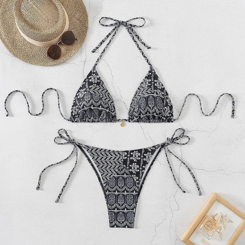 Bohemian Print Swimwear Low-waist Female Beach Set Tie Straps Women Swimming Suit Triangle Bra with Pad