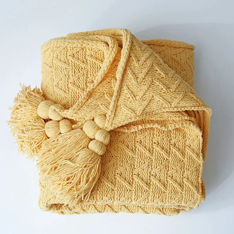 Chunky Knit Chenille Blanket With Pompoms