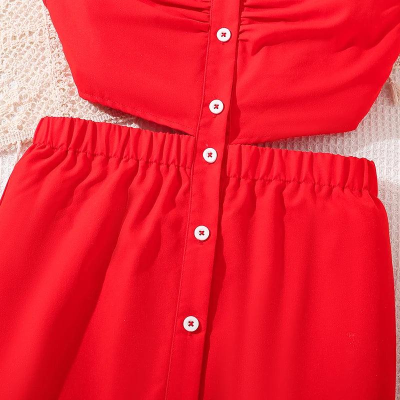 LUXTEEN Red Sleeveless Button Down Dress