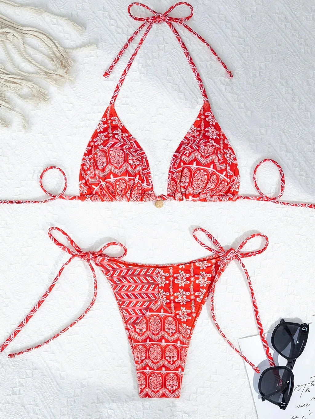 Bohemian Print Swimwear Low-waist Female Beach Set Tie Straps Women Swimming Suit Triangle Bra with Pad