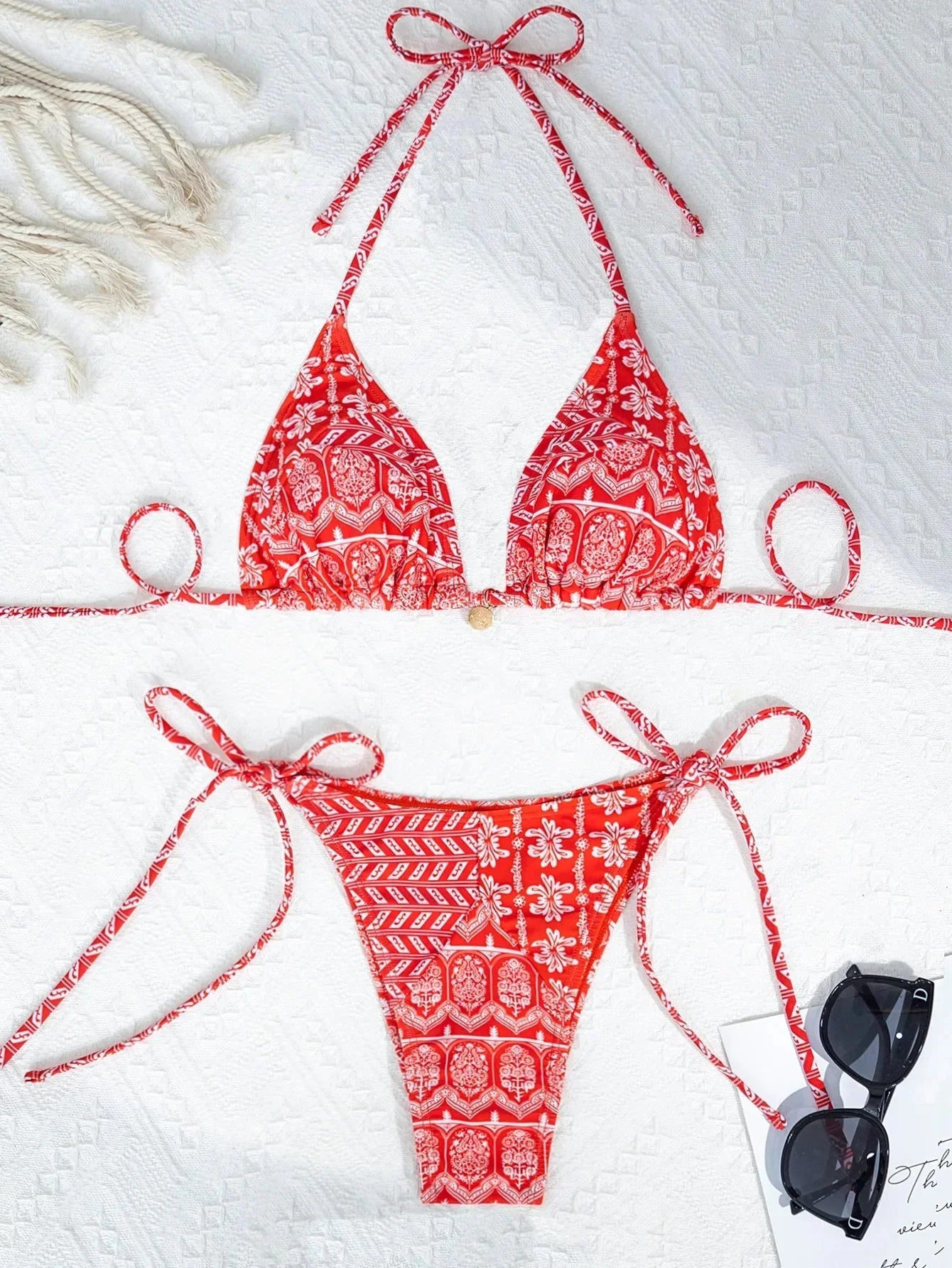 Bohemian Print Swimwear Low-waist Female Beach Set Tie Straps Women Swimming Suit Triangle Bra with Pad