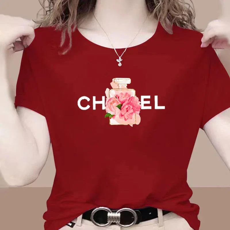 Women Summer T-Shirt Alphabet Flowers Perfume Print Cotton Tees Luxury Short Sleeve Tee Solid Color Street Y2K Top Female Cloth