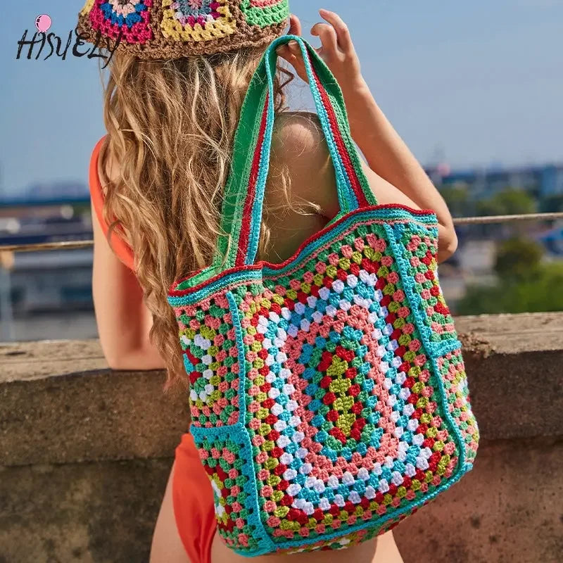 Bohemian Crochet Women Shoulder Bags Knitting Large Capacity Tote Bag Casual Lady Handbags Big Shopper Purses Summer Beach Bags
