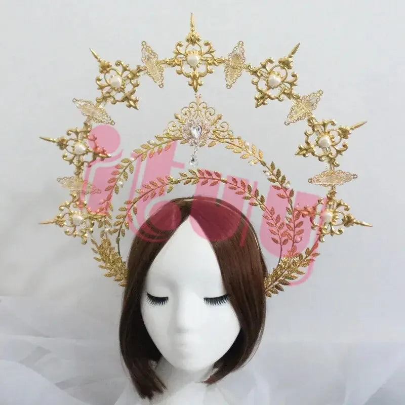 Sun Goddess Angel KC Halo Crown Headpiece Queen Anna Baroque Pearl Tiara Headband Lolita Collection Gothic Accessories