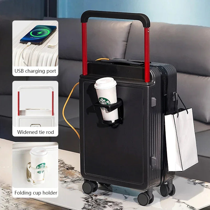Wide Handle Travel Suitcase Carry-On With Cup Holder, USB Charging