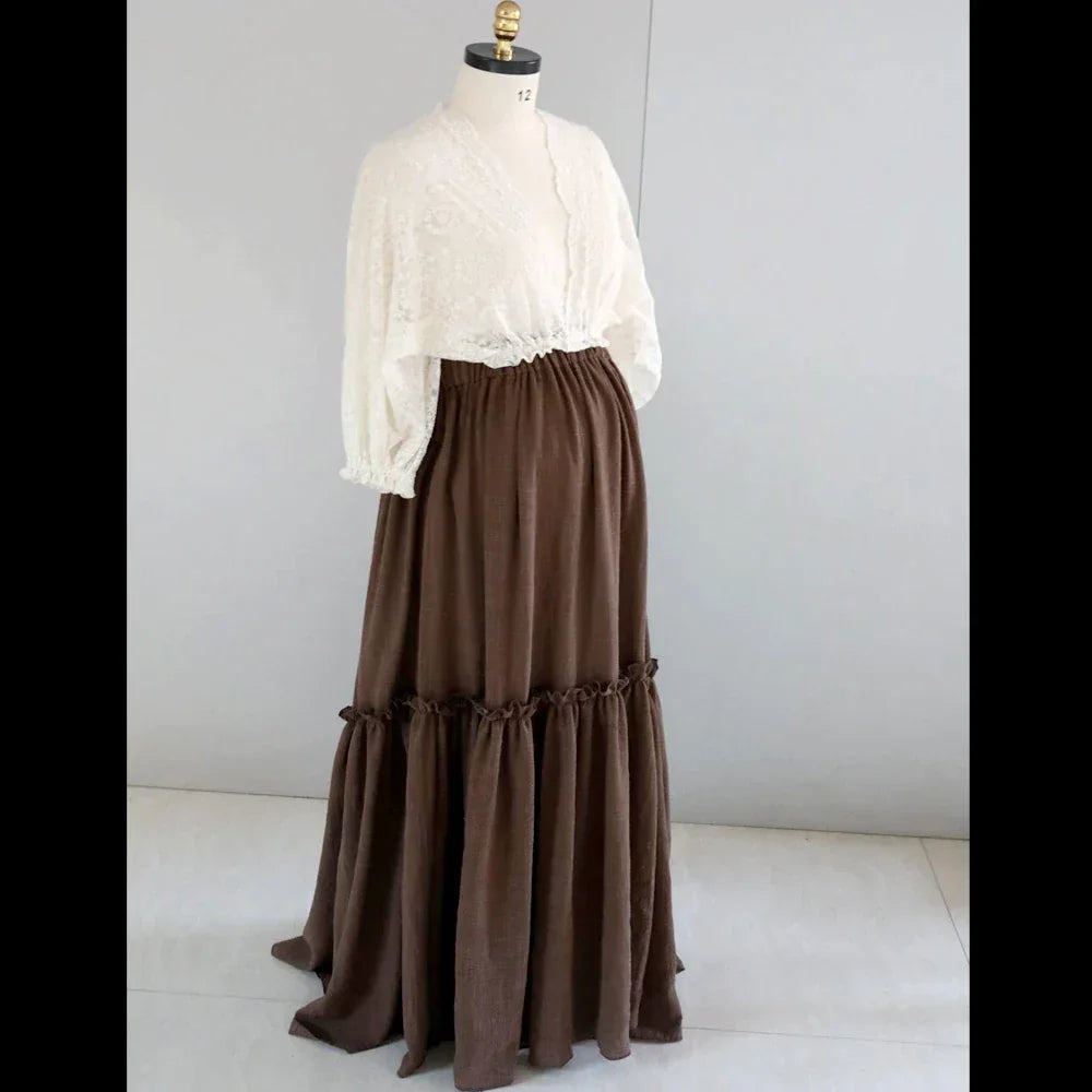 Boho Pregnant Dress Lace&Linen Cotton Combination Two Piece Set Contrast color retro design sense PhotoShoot Pregnancy Dress