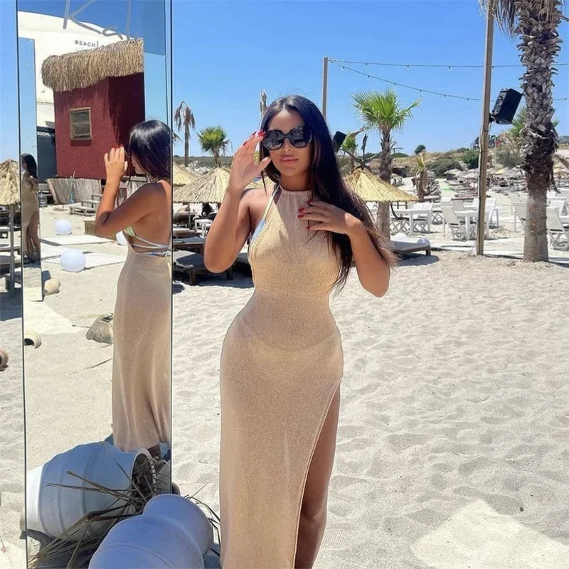 Women See-through Knit Long Dress Halter Neck Sexy Elegant Solid Color Sleeveless Backless Slim High Split Beach Haliday Coverup