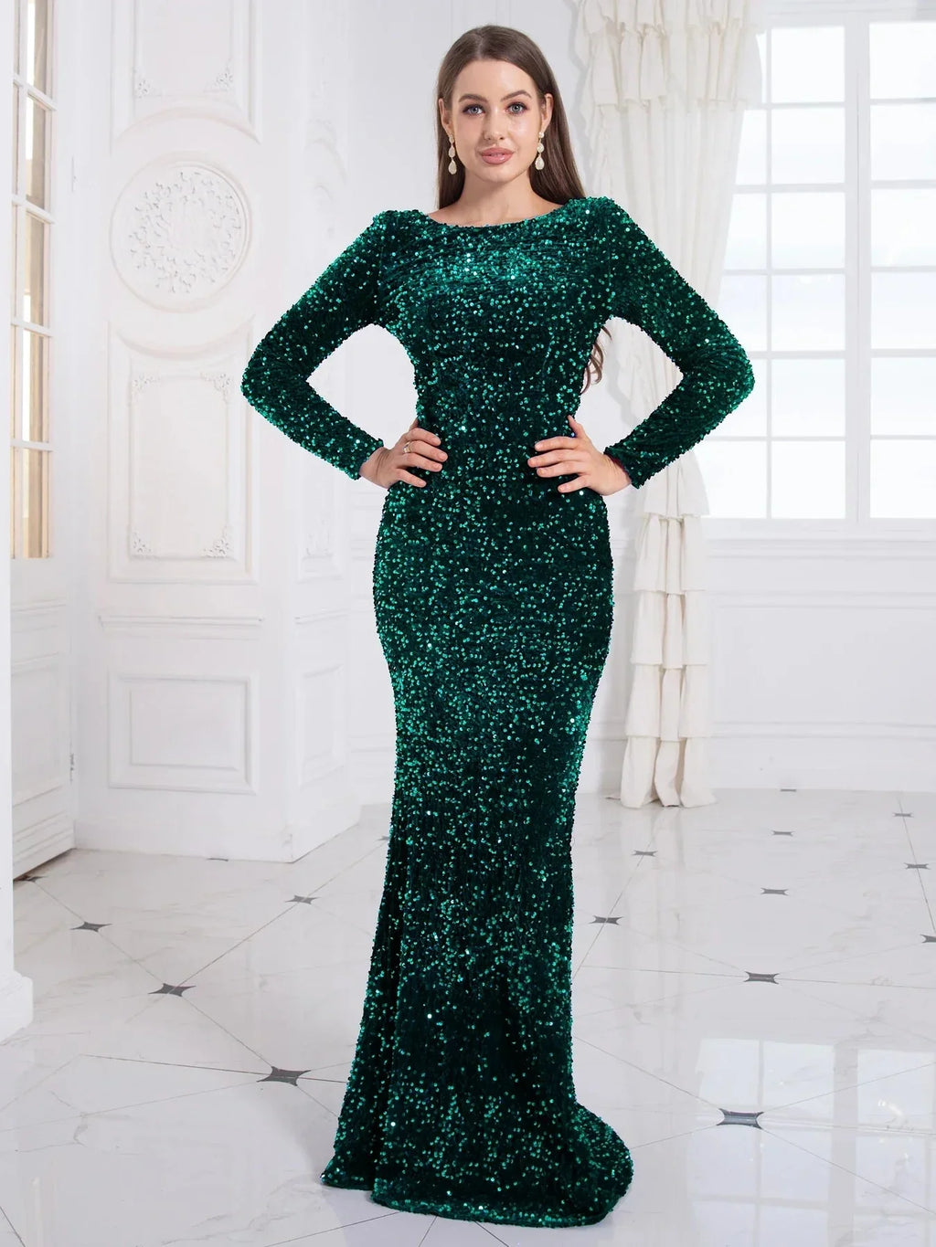 Kisscc Royal Blue Stretch Sequin Floor Length Evening Night Dress Full Sleeve Bodycon Black Mermaid Party Dress