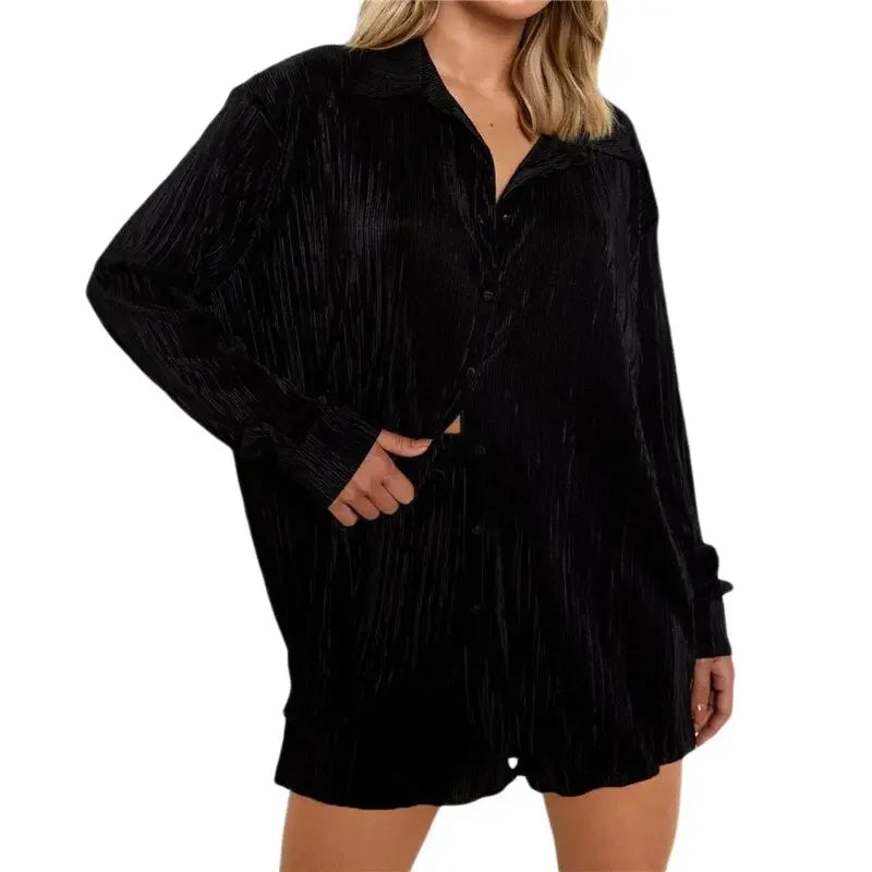 Essentials Long Sleeve Button Down Shirt Tops and Shorts Set