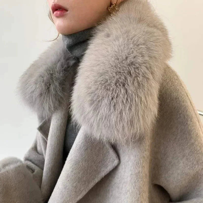 2024 Women Fashion Cashmere Coats 100% Real Mink Fur Cuff Long Outerwear Wool Jackets Fox Collar Lady Clothing