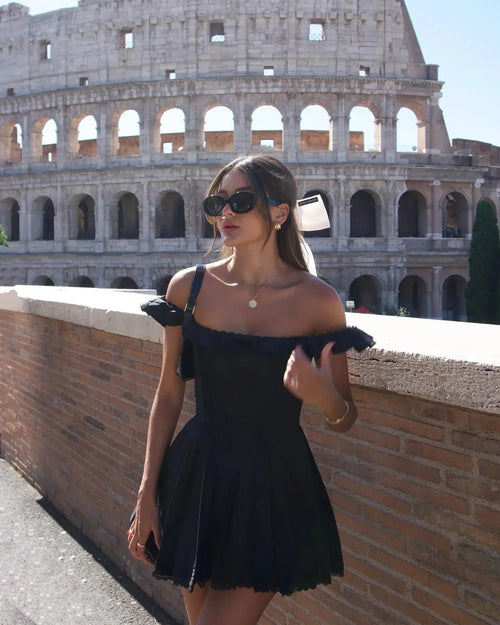 Bella Black Square Neck Pleated Mini Dress