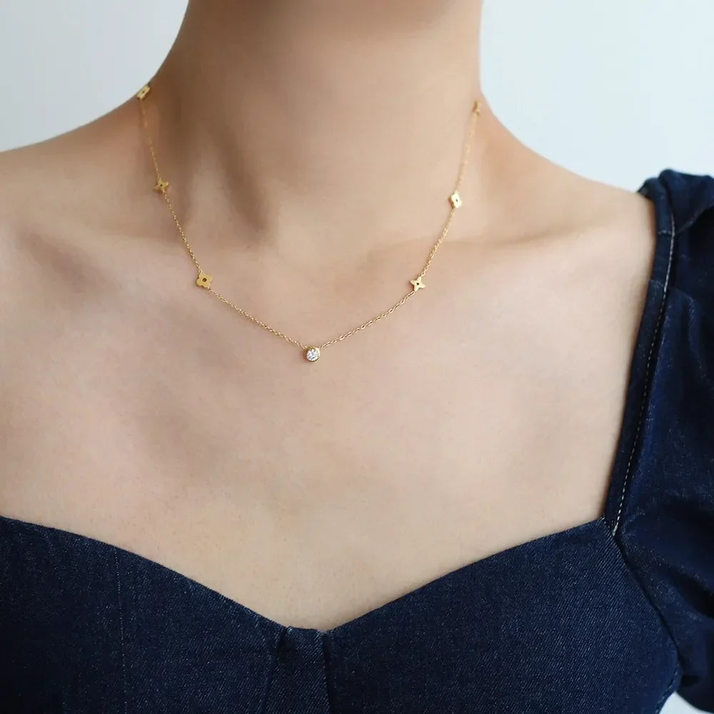 Lux Stainless Steel Zircon Flower Necklace