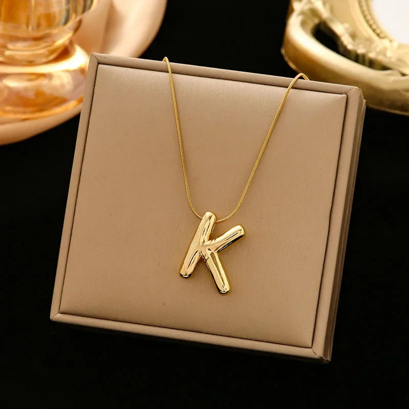 Stainless Steel Chain Gold Plated Letter Necklaces Chunky Alphabet Balloon Bubble Initial Pendant Necklace for Women Men Jewelry