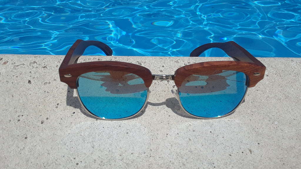 100% Real Brazilian Pear Wood Sunglasses With Ice Blue Lenses and