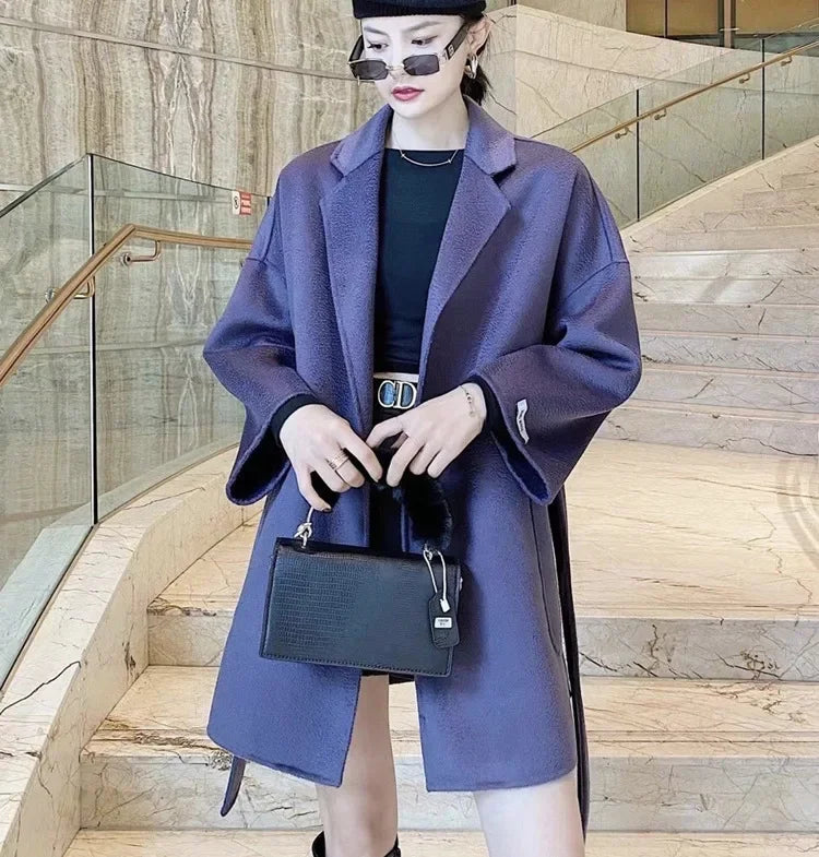 Brand high-end water corrugated double face cashmere coat Women 2022 loose lapel winter wool coat jacket