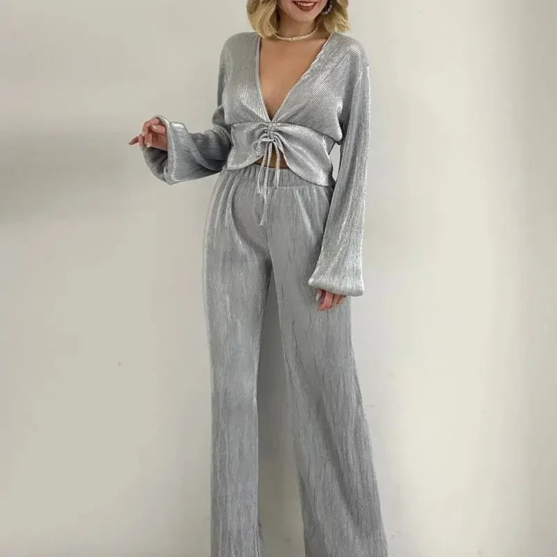 Luxury Bright Material Autumn Deep V Puff Sleeve Tops+Groups of Full Pants Sets Fashion Women Solid Loose Outfits Two Piece