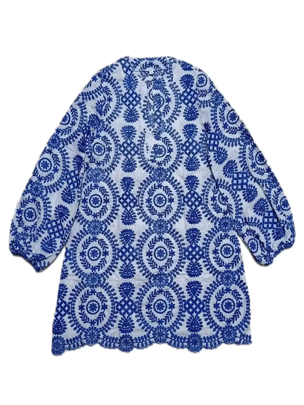 Loose Women Dress With Stylish Embroidery Full Sleeve V-neck Above Knee Feminino Vestidos