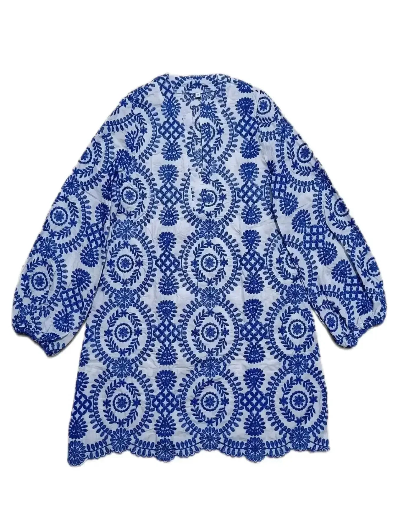 Loose Women Dress With Stylish Embroidery Full Sleeve V-neck Above Knee Feminino Vestidos