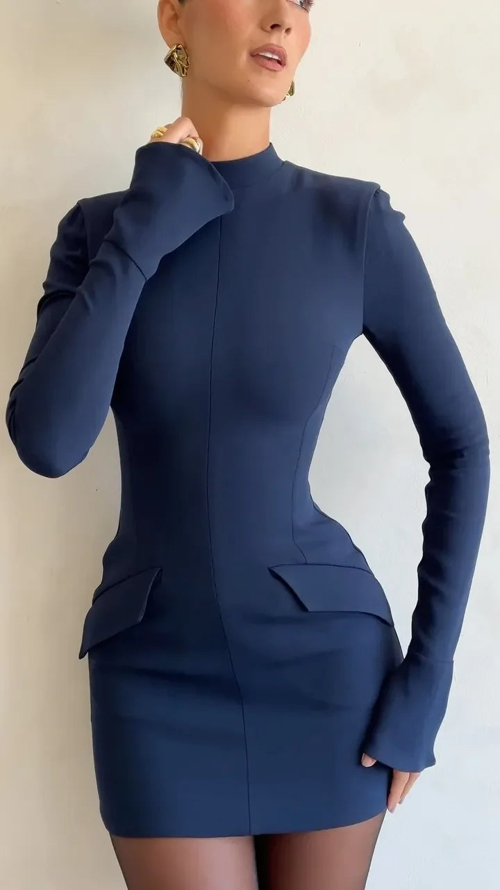 Women Elegant Dark Blue Commuting Mini Dress 2023 Autumn Sexy Pocket Long Sleeve Bodycon Dresses Lady Chic Party Club Robe
