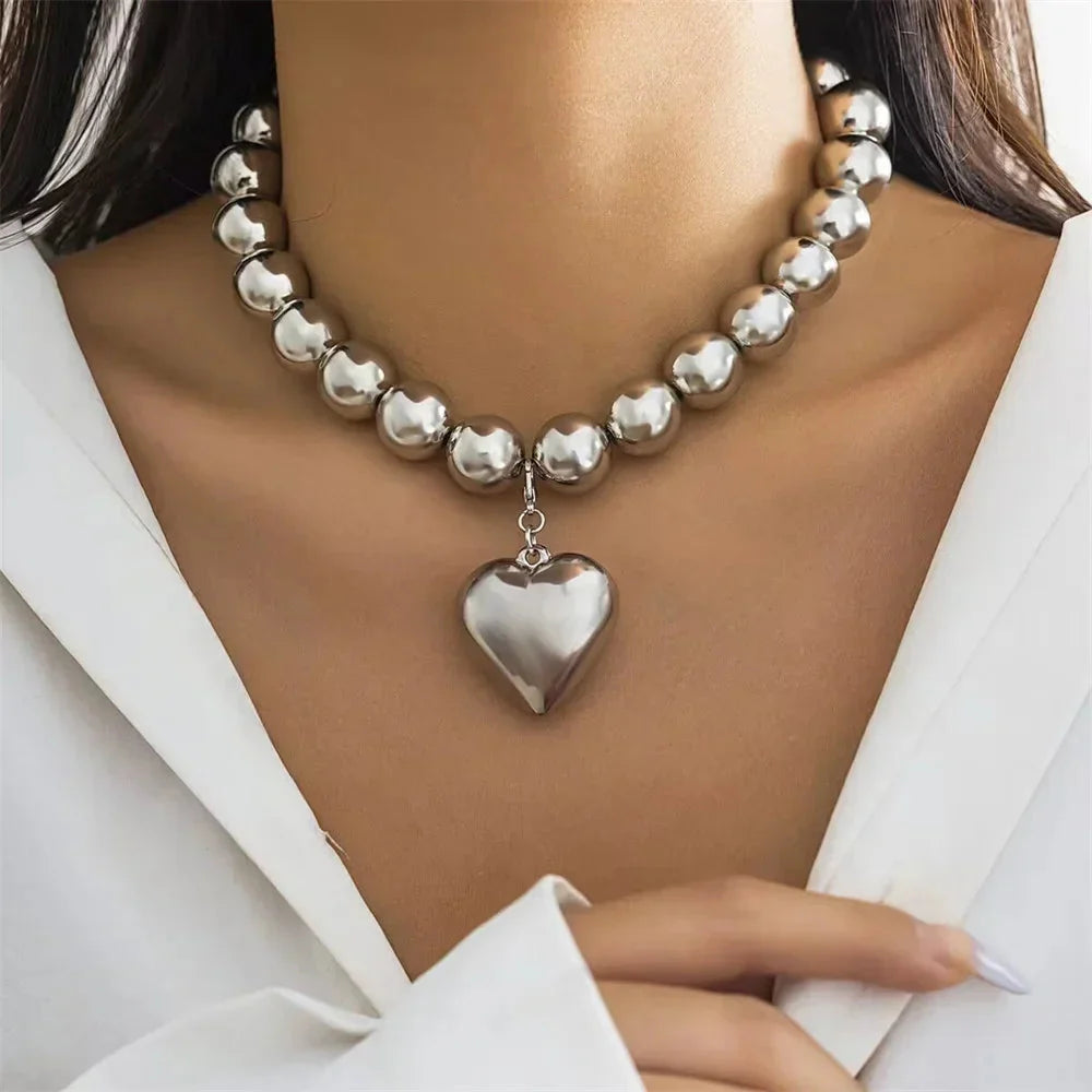 Vintage Silver-plate Geometric Exaggerated Artificial Pearl Chain Necklace For Women Female Fashion Boho Y2K Girl Jewelry Gift