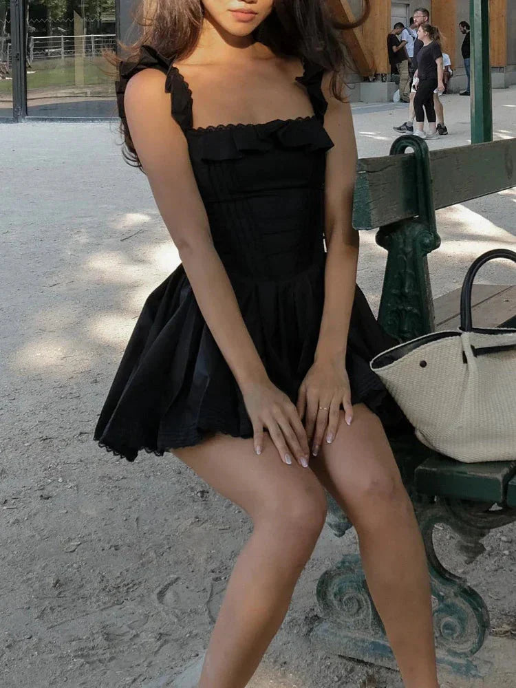 Bella Black Square Neck Pleated Mini Dress