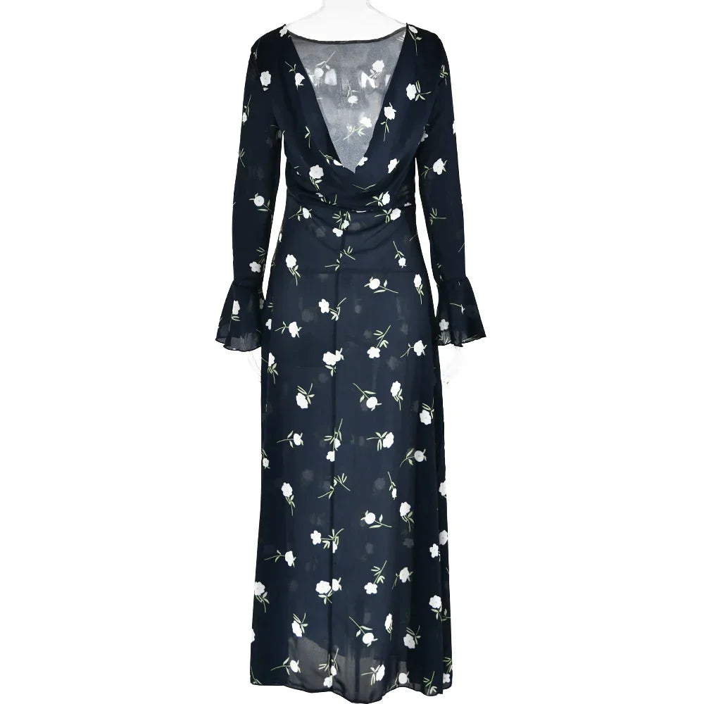 Chiffon Floral Print Long Sleeve Backless Maxi Dress