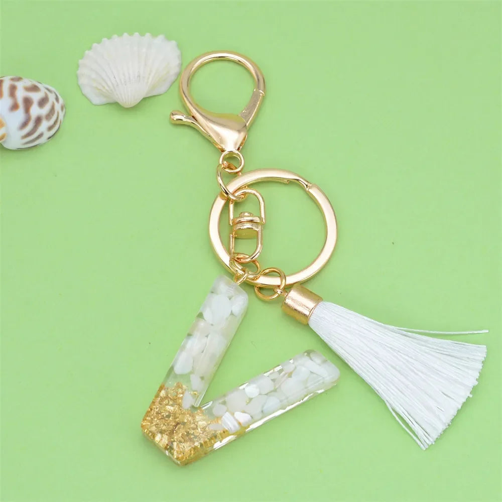 Fashion Bling A to Z Letter Keychain With White Tassel 26 Initial Keychain Car Key Holder Handbag Accessories