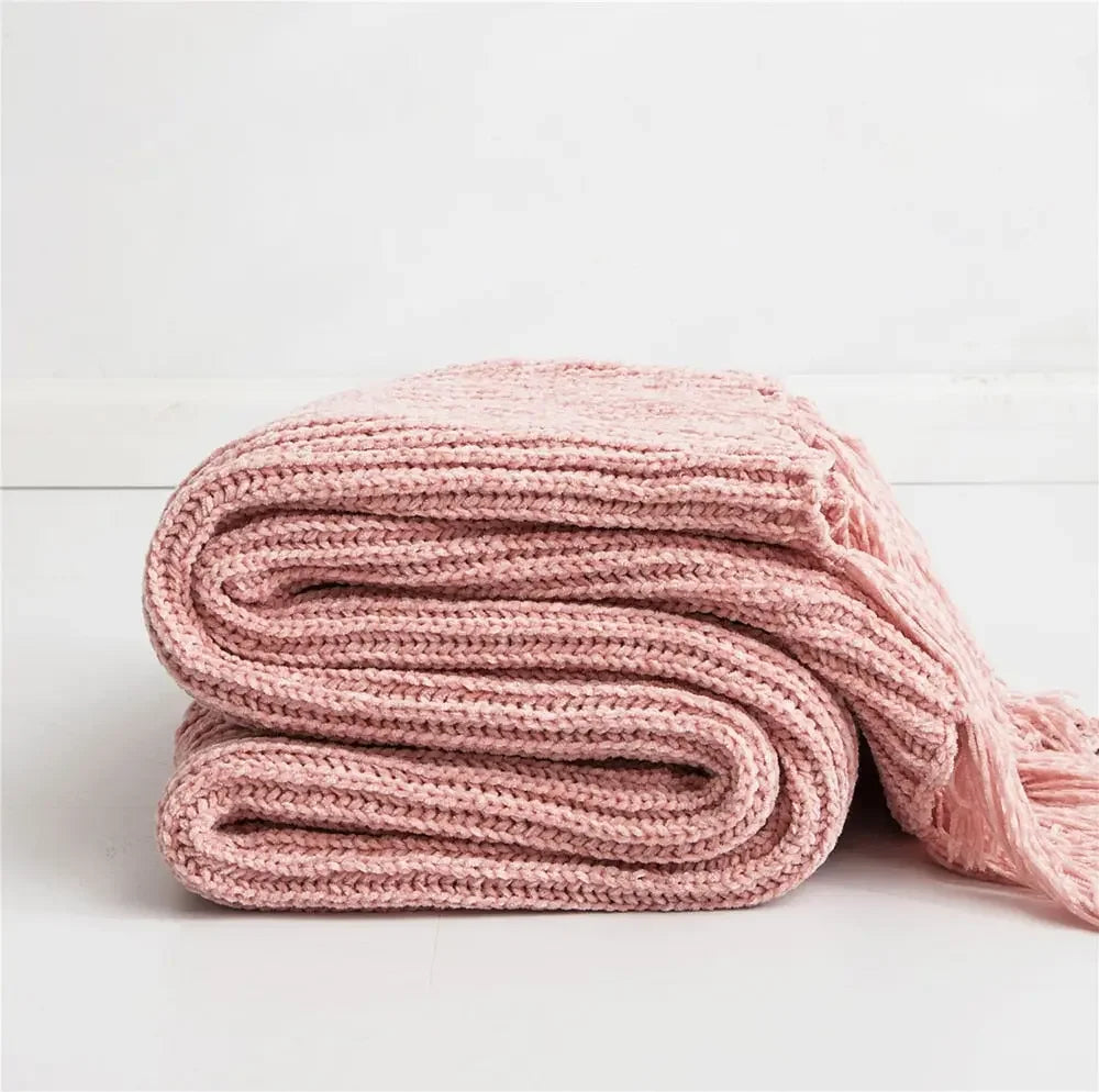 Chunky Knit Chenille Blanket With Pompoms