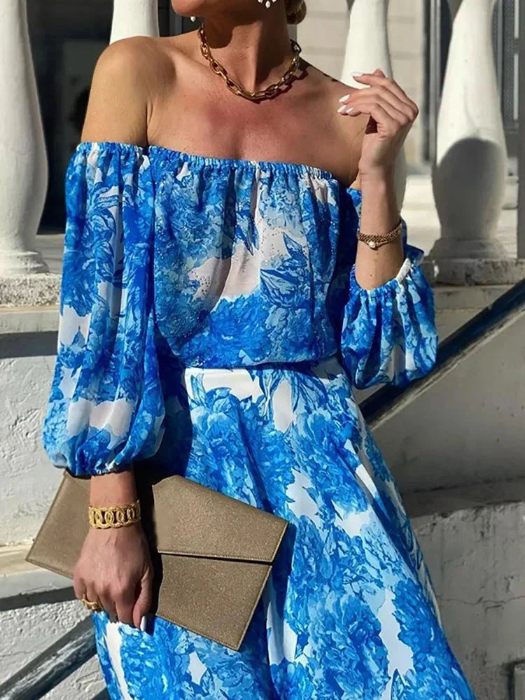 Print Patchwork Slash Neck Maxi Dress, Women Spring Summer Three Quarter Lantern Sleeve Party Dress, Simple Elegant Ladies Dress