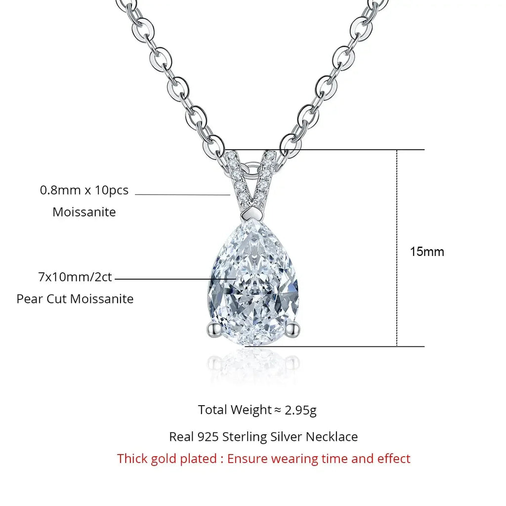 Pear Shape 2ct D Color Pear Cut Teardrop Moissanite Diamond Pendant 925 Sterling Silver Necklace