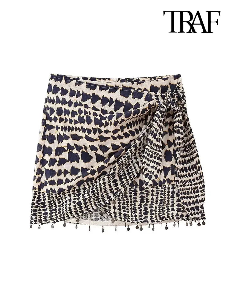 Beaded Print Wrap Mini Skirt