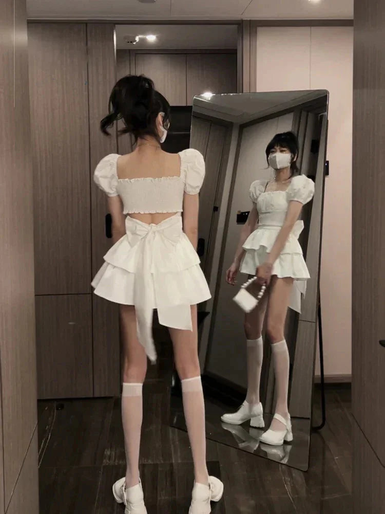 2022 White Sexy Backless Mini Dress Women Korean Fashion Casual Elegant Party Dress Female Ruffle Kawaii Lolita Party Y2k Dress