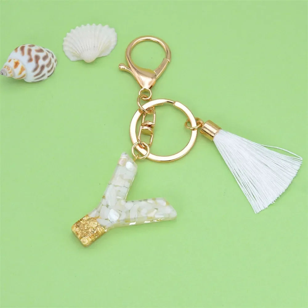 Fashion Bling A to Z Letter Keychain With White Tassel 26 Initial Keychain Car Key Holder Handbag Accessories