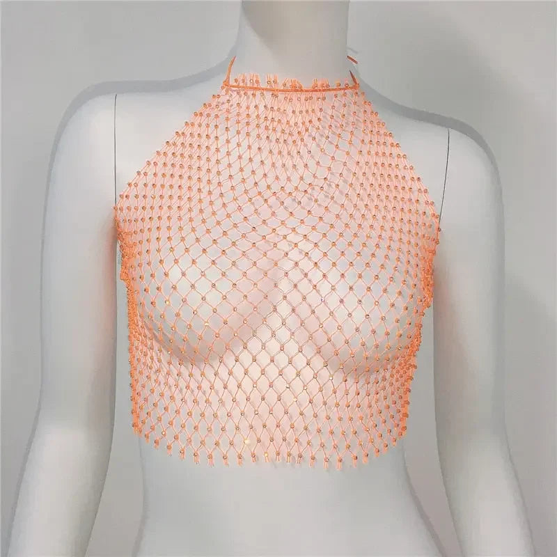 Fishnet Glitter Rhinestone Crop Top Sexy Hollow Out Mesh Sheer Women Beach Y2K Camis Crystal Diamond Club Rave Party Tank Tops