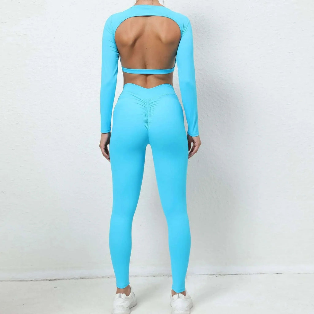Seamless Backless Yoga Sets Sports Fitness High Waist Hip-lifting Trousers Long-Sleeved Suit Workout Gym Leggings Set for Women