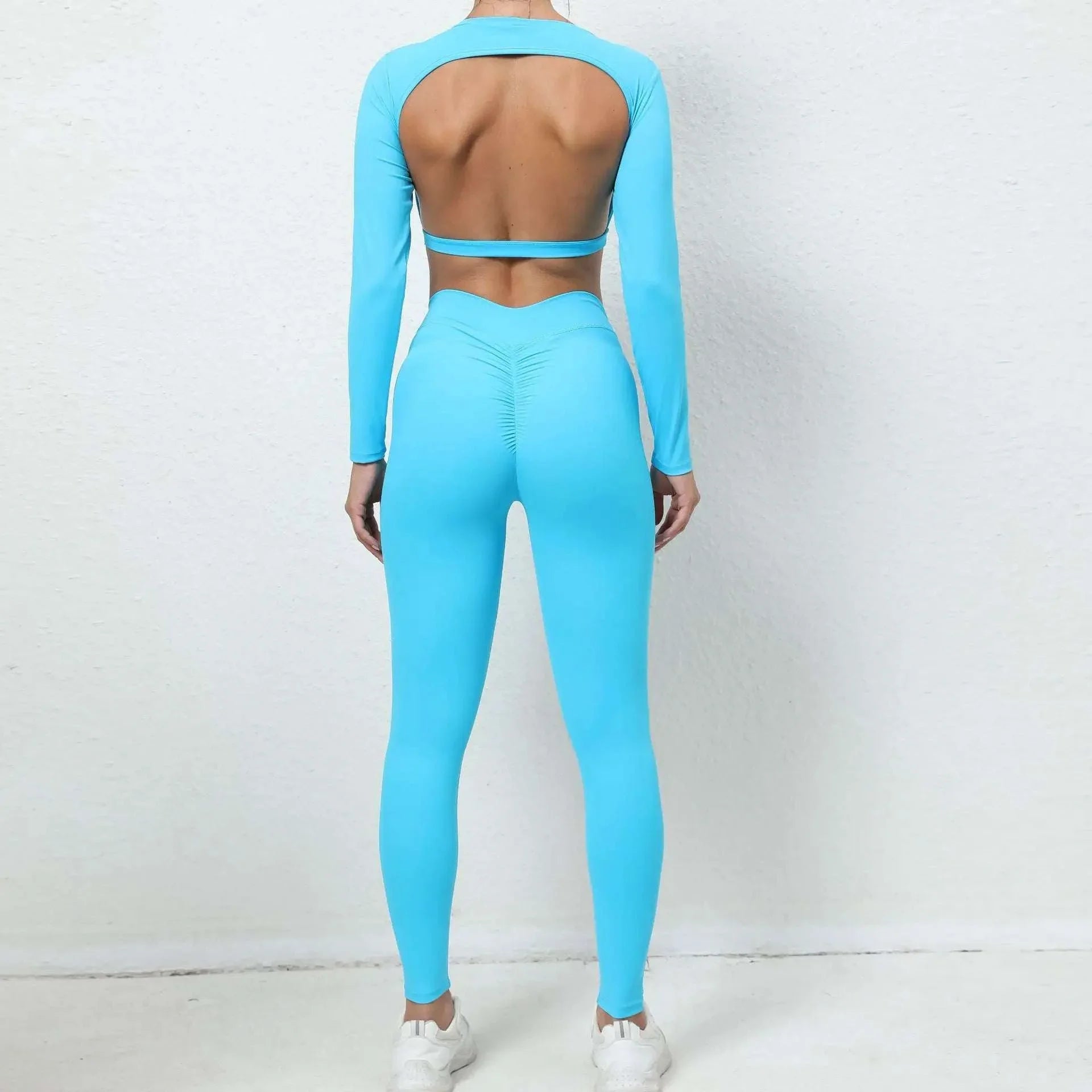 Seamless Backless Yoga Sets Sports Fitness High Waist Hip-lifting Trousers Long-Sleeved Suit Workout Gym Leggings Set for Women