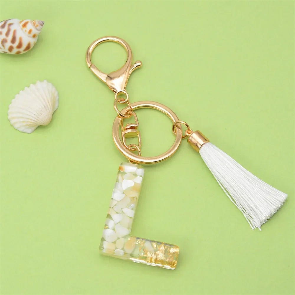 Fashion Bling A to Z Letter Keychain With White Tassel 26 Initial Keychain Car Key Holder Handbag Accessories