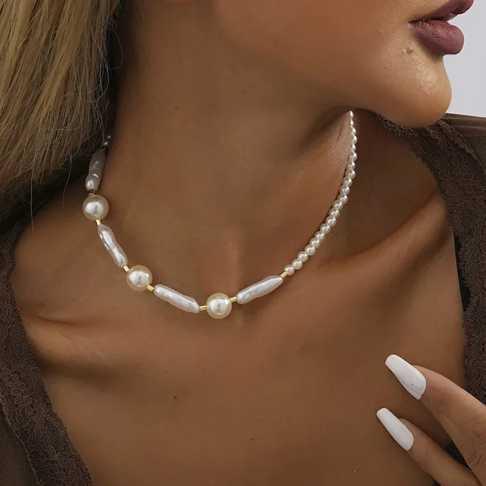 Romantic Trend Niche Irregular Imitation Pearl String Gold Plated O-Chain Splice Necklace Fashion For Women Ball Jewelry Gift