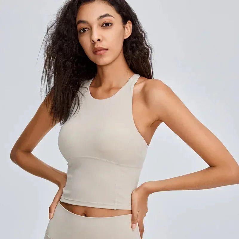 Women Shock Proof Running Fitness Crop Top Seamless Top Padded Workout Yoga Tanks Comfy Cross Back Wide Strap