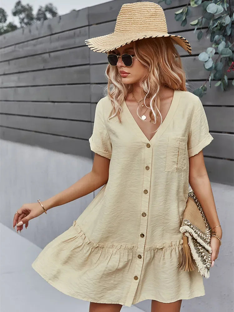 Solid Short Dress Women V Neck Single Breasted Loose A Line Dress For Spring Summer