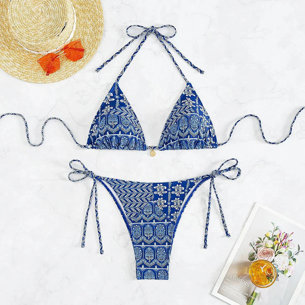 Bohemian Print Swimwear Low-waist Female Beach Set Tie Straps Women Swimming Suit Triangle Bra with Pad