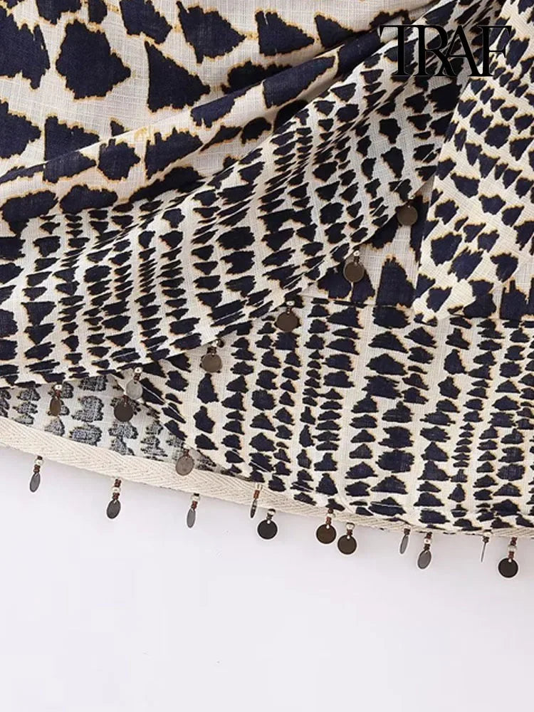 Beaded Print Wrap Mini Skirt