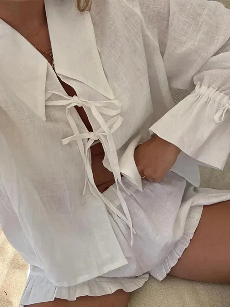 White Bow Lace Up Hollow Out Shirt Shorts Sets Women Loose Long Sleeve Ruffle Short Pant Suit Female 2024 Summer Lady Beach Set