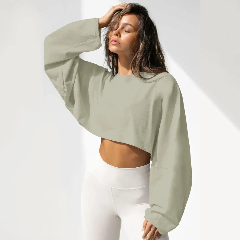 LO Casual Women's T-shirt Long Sleeved Top Knitted Sweater Clothing Round Neck Top Women's Short Sports Yoga Top
