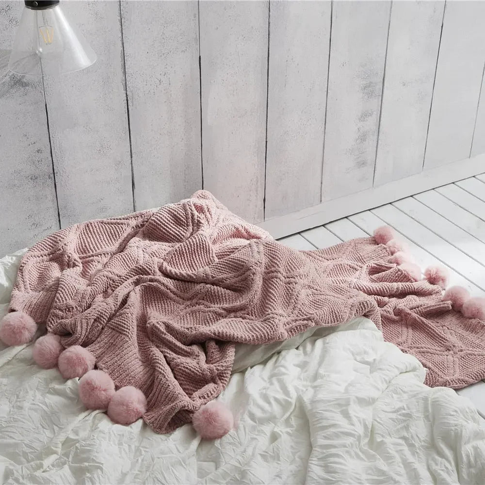 Chunky Knit Chenille Blanket With Pompoms